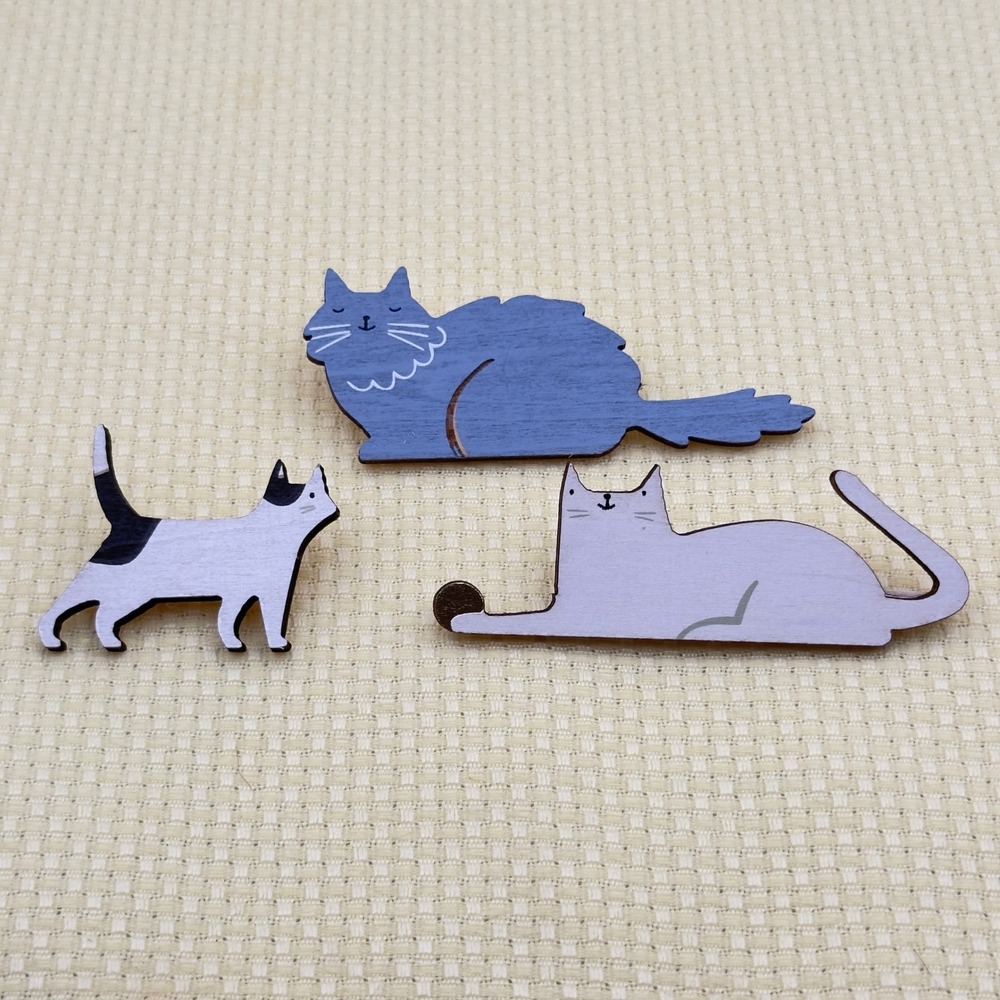 Cat Feline Kitten Brooch Set Blue White Wood Modern 3-Piece Feline Pin Lot